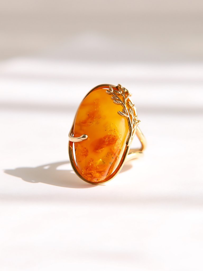 Honey Amber Ring With Gold Leaf Design-14k Gold Plated Sterling Silver